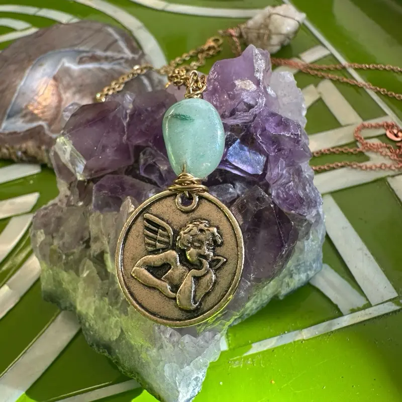 Green Aventurine Angel Cherub Pendant Necklace with Gold Tone Chain and Gemstone Charm for Spiritual Jewelry