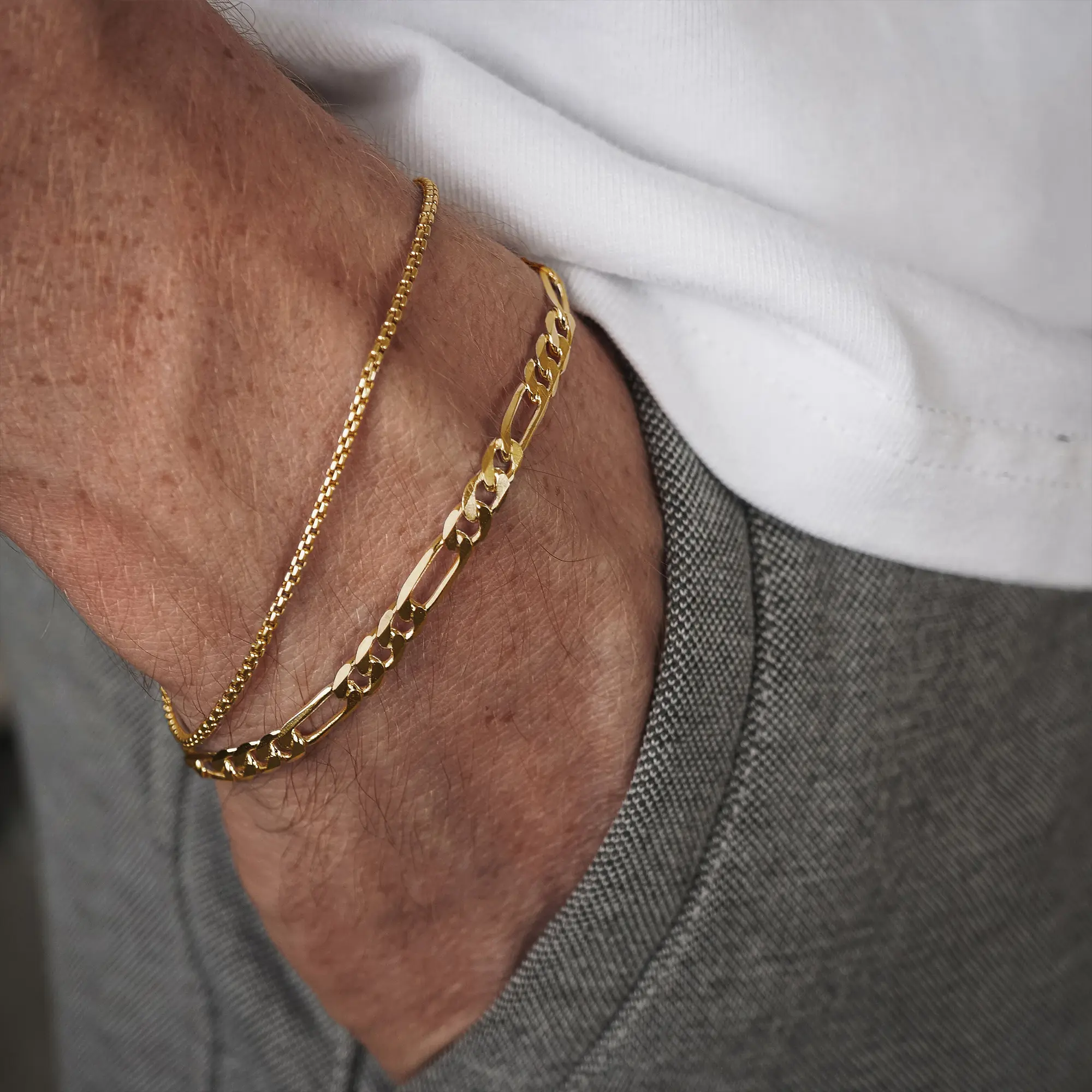 Loyalove 2-Piece 14K Gold Plated Gold-Tone Bracelet Set for Men, 8 Inch Figaro Chain and Mini Box Chain Bracelets, Stackable Minimalist Jewelry, Unisex Everyday Gift