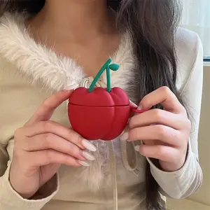 2026 3D Cherry AirPods Case – Cute Silicone Protective Cover, Fruit Cherry Shaped Shockproof Anti-Drop Earbuds Case for AirPods 1/2/3/4/Pro/Pro 2/Pro 3, Trendy Best Friend Gift