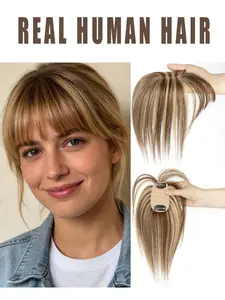 Hair Toppers for Women, Real Hair Extensions, Real Human Hair Clip in Bangs Wig With Bangs Natural Skin Scalp Thinning or Loss Top Pieces Wiglets 3D Topper Updated Base With ThinningHair Cover Gray Roots Add Volume for Christmas Party