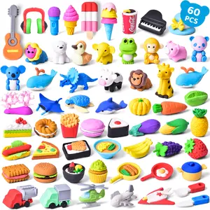 60PCS Assorted Food Animal-Themed Mini Puzzle Erasers for Kids Goodie Bag Fillers Carnival Prizes Classroom Accessories Party Giveaways