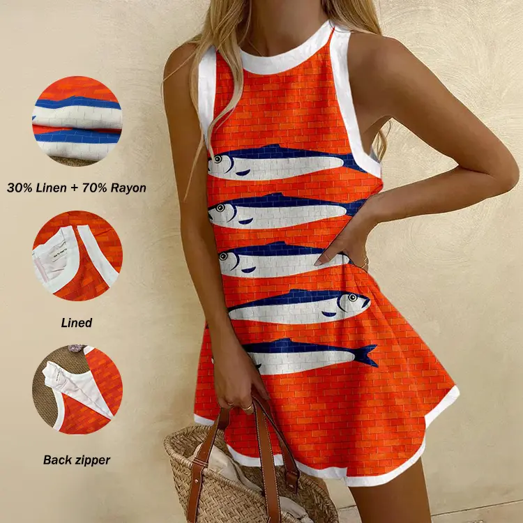 New launching 30% linen and 70% rayon 。Abstract Fish Print Sleeveless A-line Mini Dress Round Neck Design with Lively White Trim for Summer Vacation Women's Wear