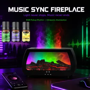 [+3 FREE Oils] Music Sync Aroma Diffuser with Fireplace Flame Effect, Sound-Activated Essential Oil Diffuser, Humidifier with Waterless Auto-Off, Ideal Aesthetic Gift for Home & Office Decor