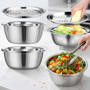 3-In-1 Stainless Steel Multi-Functional Strainer Set, Includes Basin/sieve/cutter, Ideal for Washing Rice Fruits Vegetables Kitchen Essentials