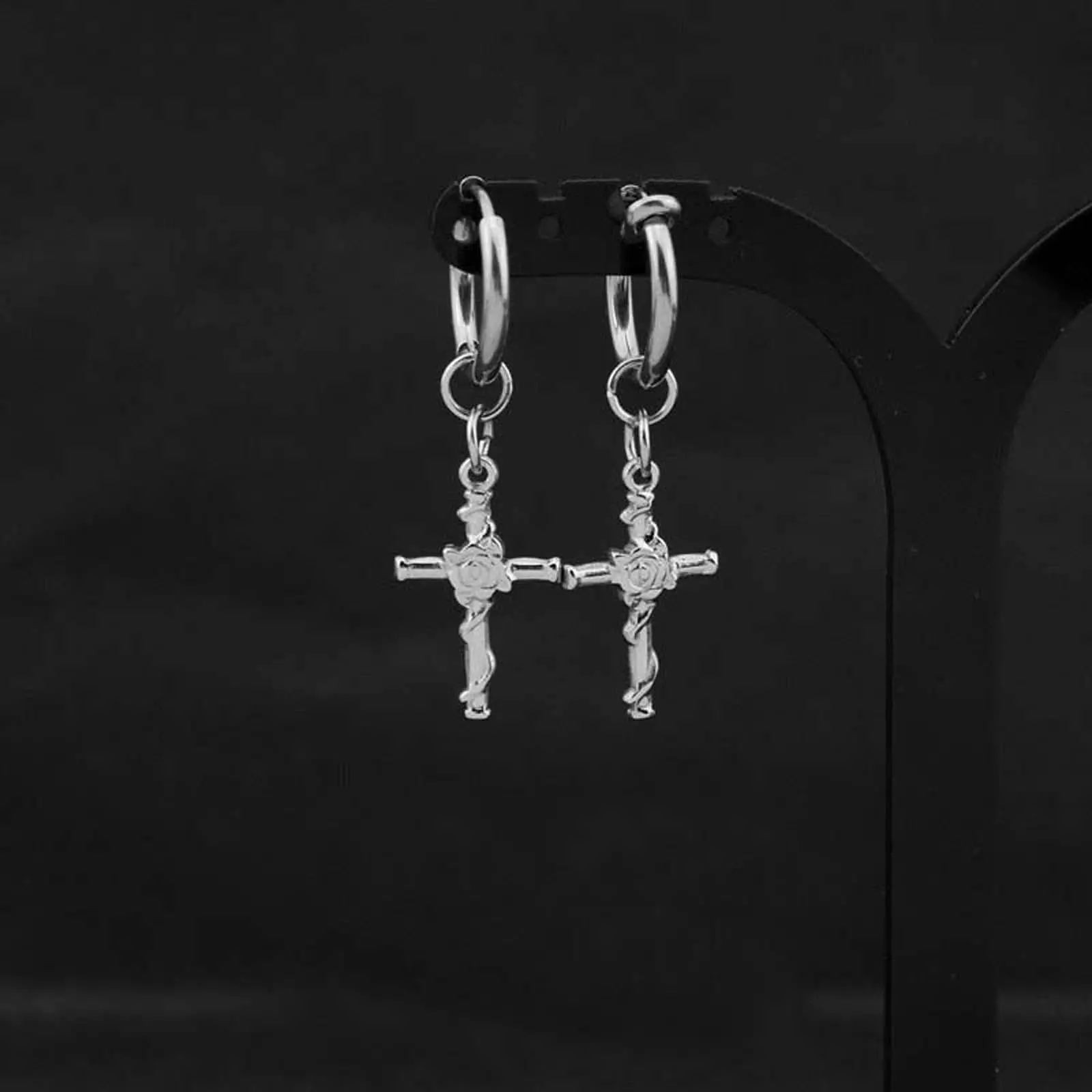 Gothic Cross Rose Drop Earring with Black Artificial Gemstone - Versatile and Artistic Alternative Style Accessory, Edgy Fashion, Single, Romance, Statement Jewelry, Gothic Style, Rose Accent, Casual