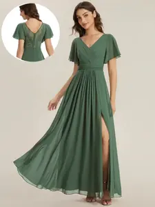 EVER-PRETTY 2026 New Trend V-Neck Cap Sleeve Pleated Chiffon Maxi Dress Embroidered Back Split Ruched Wedding Guest Bridesmaid Evening Party Gown ES02660