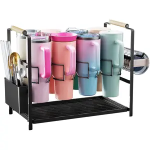 Water Bottle Organizer Drying Rack for 40 oz Tumbler with Handle, 2 in 1 Multifunctional Cup Storage Holder Compatible with Stanley, Owala, Simple Modern, Soufull, 8 Slots (Patented)