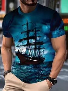 Men's Vintage Sailboat Print Short Sleeve T-Shirt, Ocean Adventure Casual Top, Nautical Streetwear, Slim-Fit, All Seasons