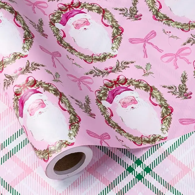 【Get 3 Free】RUSPEPA Reversible Christmas Wrapping Paper Roll, Mini Roll, Pink Santa Claus, Floral Wreath, Bow Design, Green Pink Plaid Gift Wrap for Girls, Kids, Family, Holiday Gifts, 17 Inches x 16.4 Feet,back to school,back to school haul