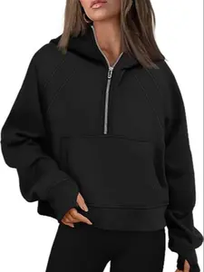 Men's Sporty Loose Half-Zip Hoodie, Short Fleece Lined Sweatshirt with Drawstring, Long Sleeve Casual Top for Daily Wear