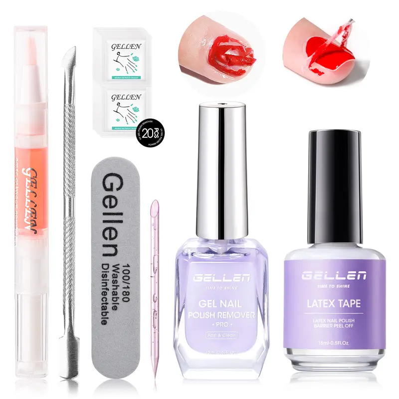 Gellen Nail Care Manicure Gel Polish Remover Kit - Quick, Easy Peeling Formula with Cuticle Oil, Chic Tape Included, No Nail Damage