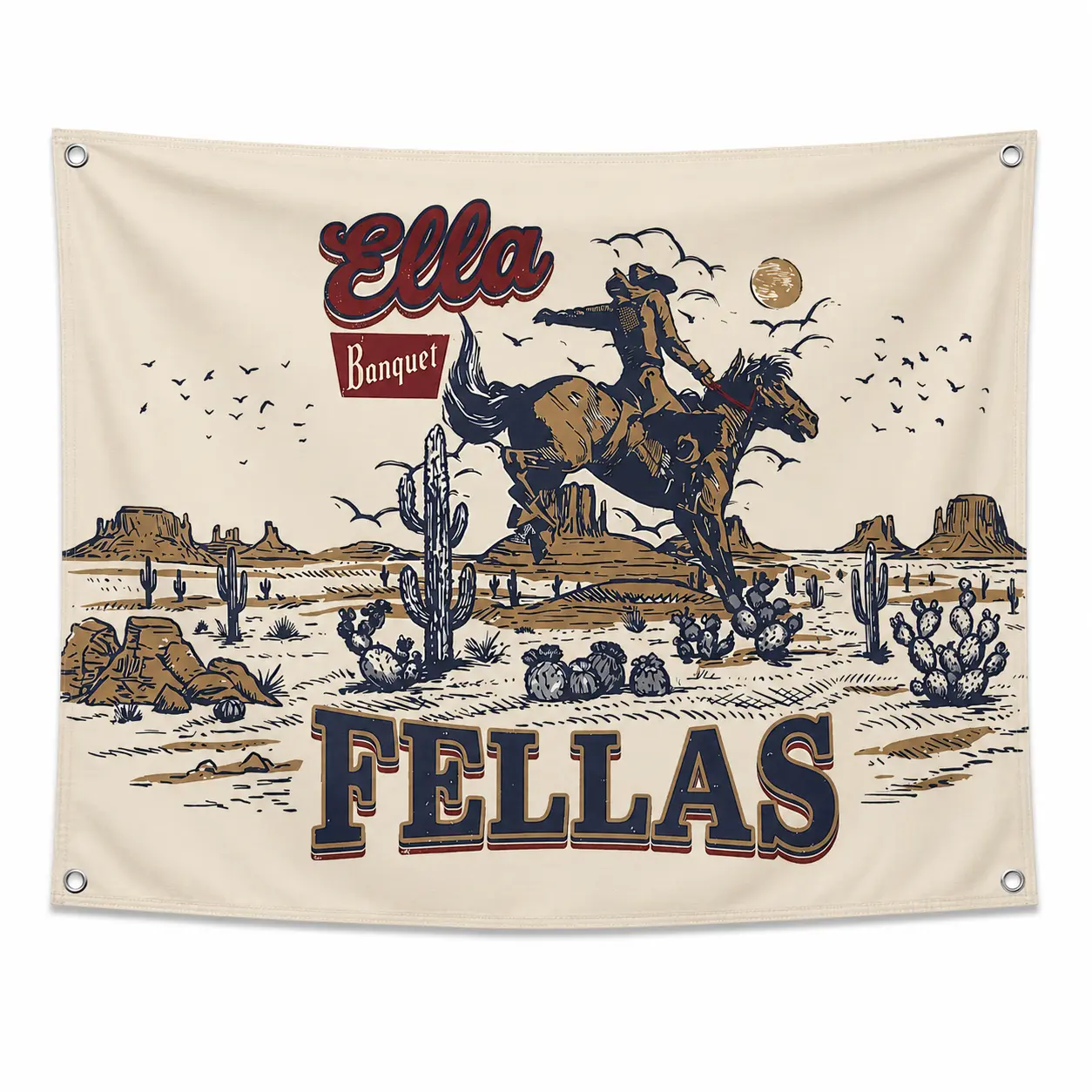 Ella Fellas Printed Rectangle Wall Tapestry - Vintage Cowboy Rodeo Cactus Desert Photo Decoration, Synthetic Country Music Fan Home Decor with 4 Grommet Holes, Hand Washable for Bedroom, Ranch Use, Everyday