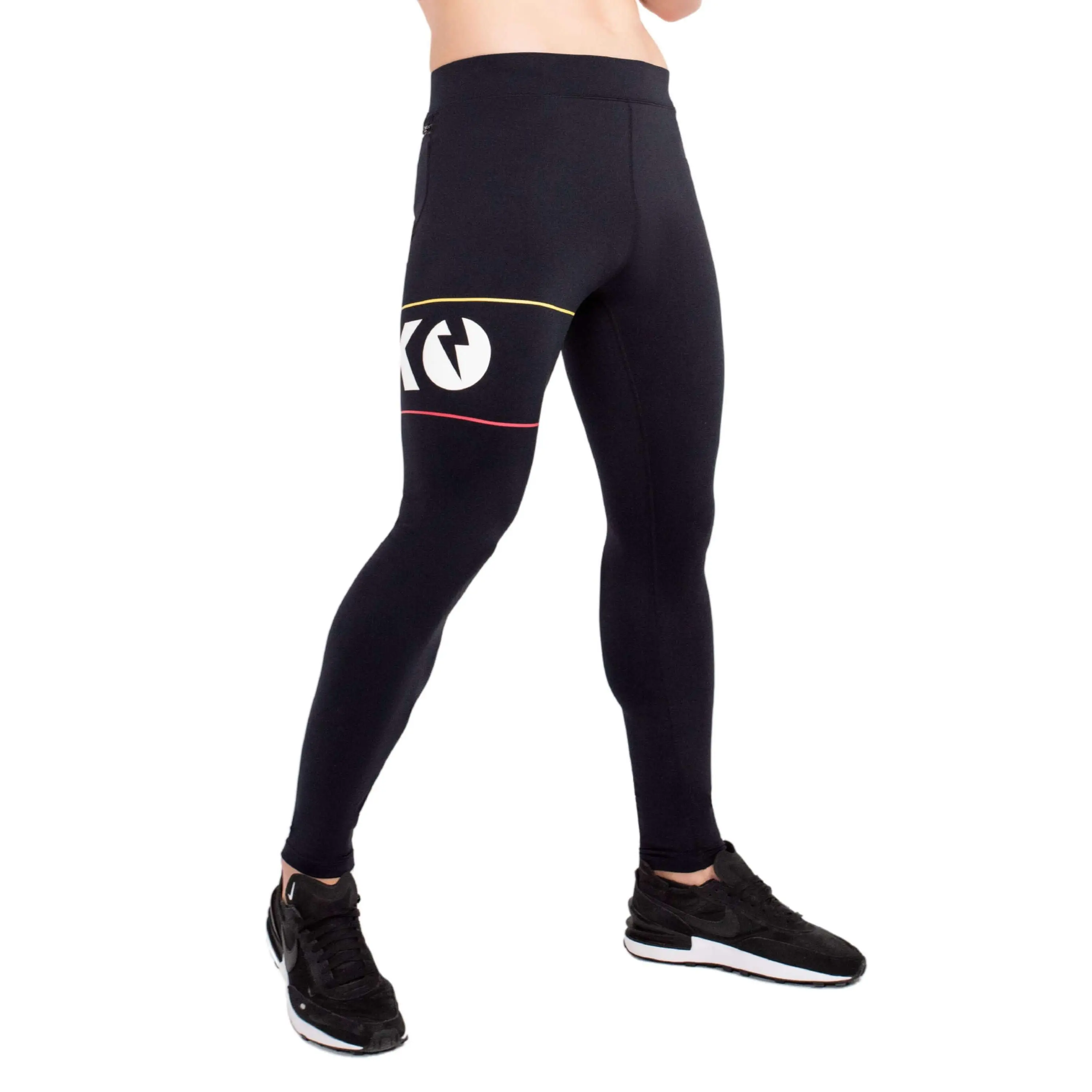 Kapow Meggings Triumph PRO Black with Oversized Logos Men’s Performance Leggings Activewear with Phone + Zip Pockets | Gym, HIIT, Running & Fitness
