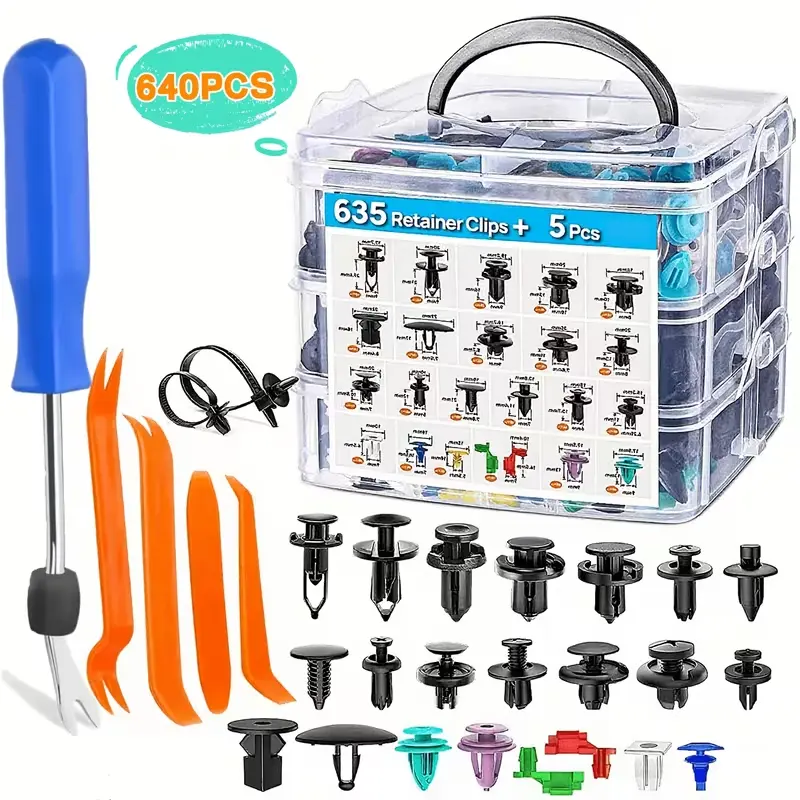 115/635/640/1295Pcs Car Retainer Clips Plastic Push Rivets Fastener Assortment Kit, Multi Sizes Auto Door Bumper Fender Replacement Clips with Trim Removal Pry Tools, Universal Automotive Body Push Pin Set for Most Vehicles