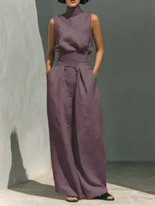 Women's Light Mature Style Linen Texture High Neck Sleeveless Waist Cinch Wide Leg Pants Set, Elegant Commute Two-Piece Set