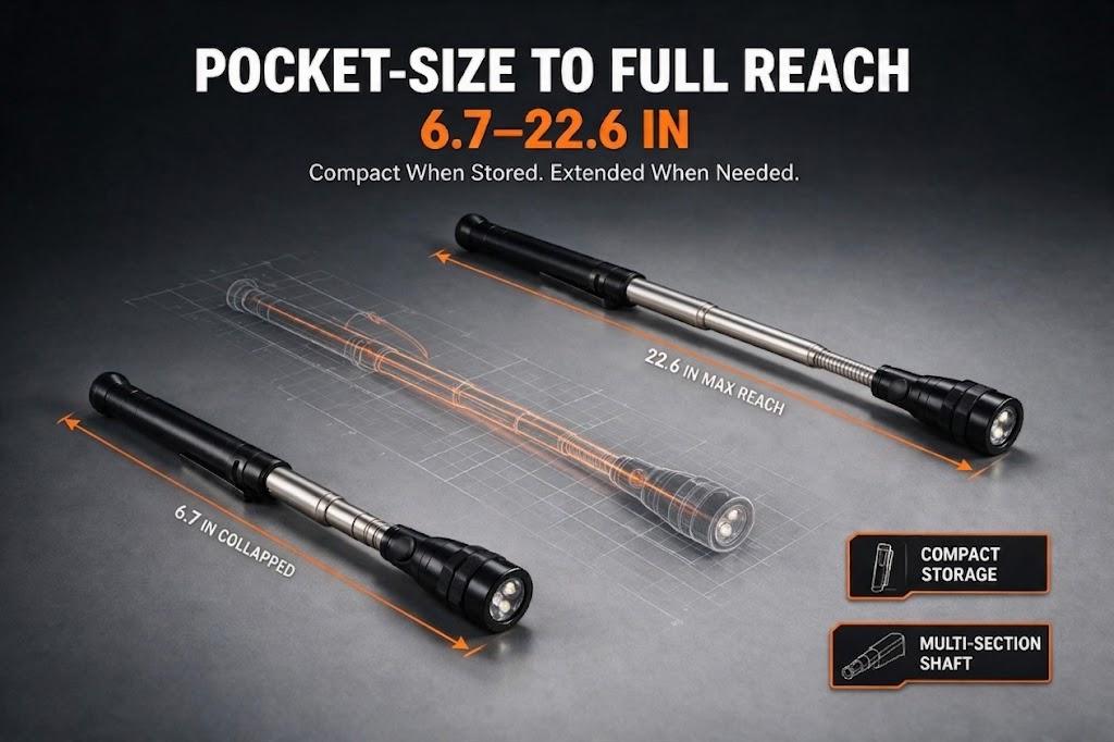 Extendable Magnetic Pickup Tool with LED Flashlight - Aluminum Alloy Telescoping Magnet with Flexible Neck, 22.6 Inches Extends Reach, DIY Tools for Auto Repair, Batteries Included, Ideal Gift for Men