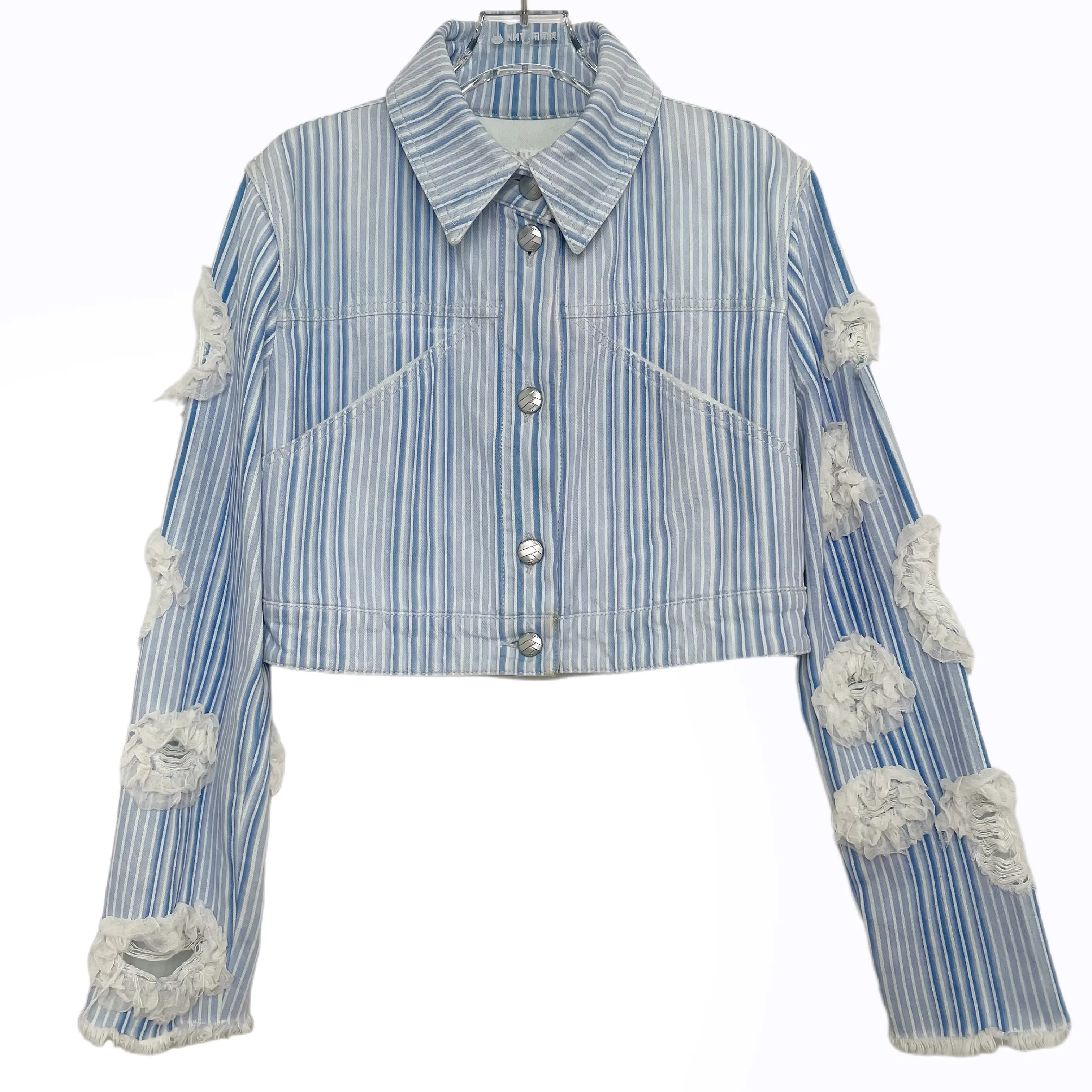 RDLTA- Chanel Blue Stripe Camellia Lace Collar Jacket Size 40