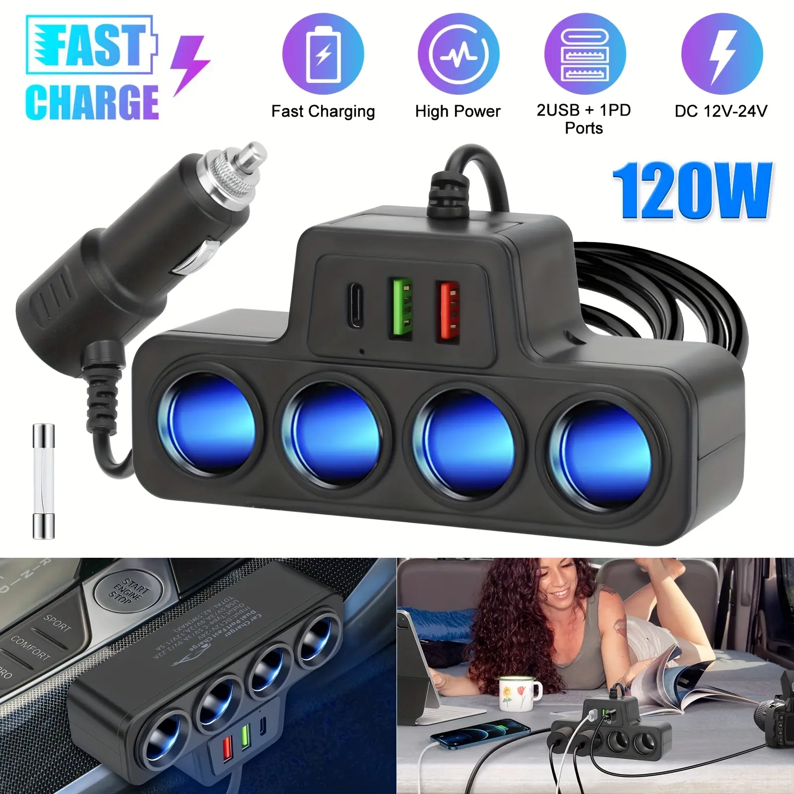AXVIV 7-in-1 Lightweight Car Lighter Splitter Adapter 120W - 4 Car Sockets, PD 20W Fast Charging, Dual 18W USB Ports for Phone & Devices, Durable Dash Cam/GPS Power Plug, Black, Adapters