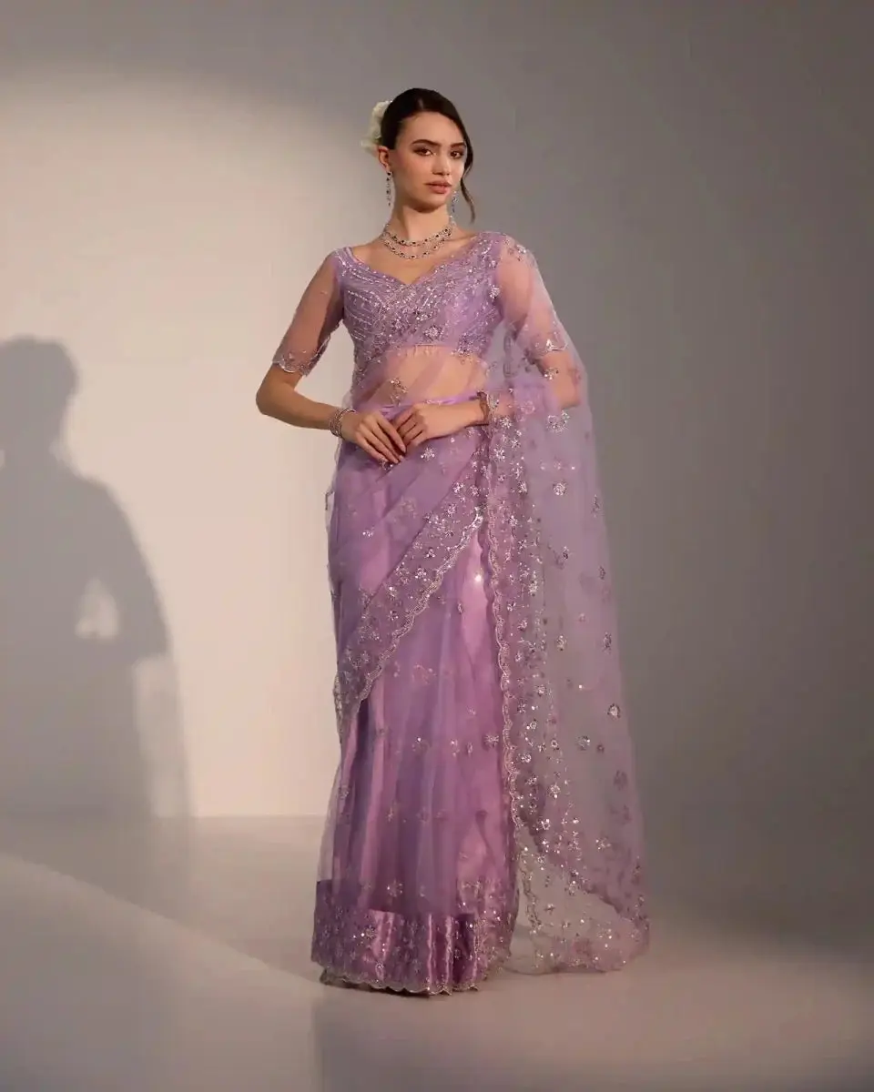 Original Lilac Pre-Stitched Saree in Soft Net with Mirror Work & Sequins | Traditional Cocktail & Wedding Guest Attire for Women, Ethnic, Elegant, Silver, Costumes