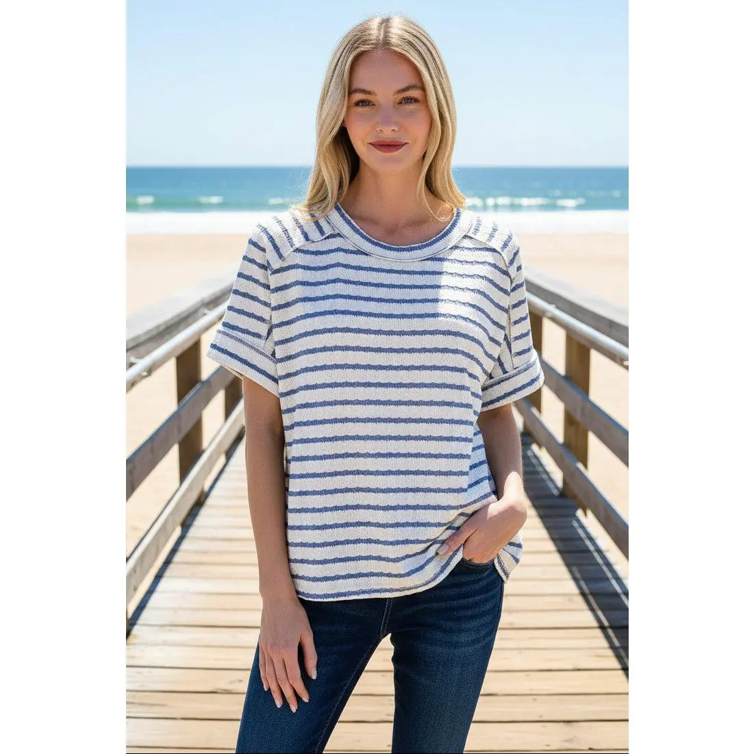Women's Striped Jacquard Boxy Tee Top - Casual Cotton Blend Fabric, Cuffed Short Sleeves, Relaxed Fit, Hi-Low Raw Hem Detail, Tops, Hi-Low Hem, Spandex