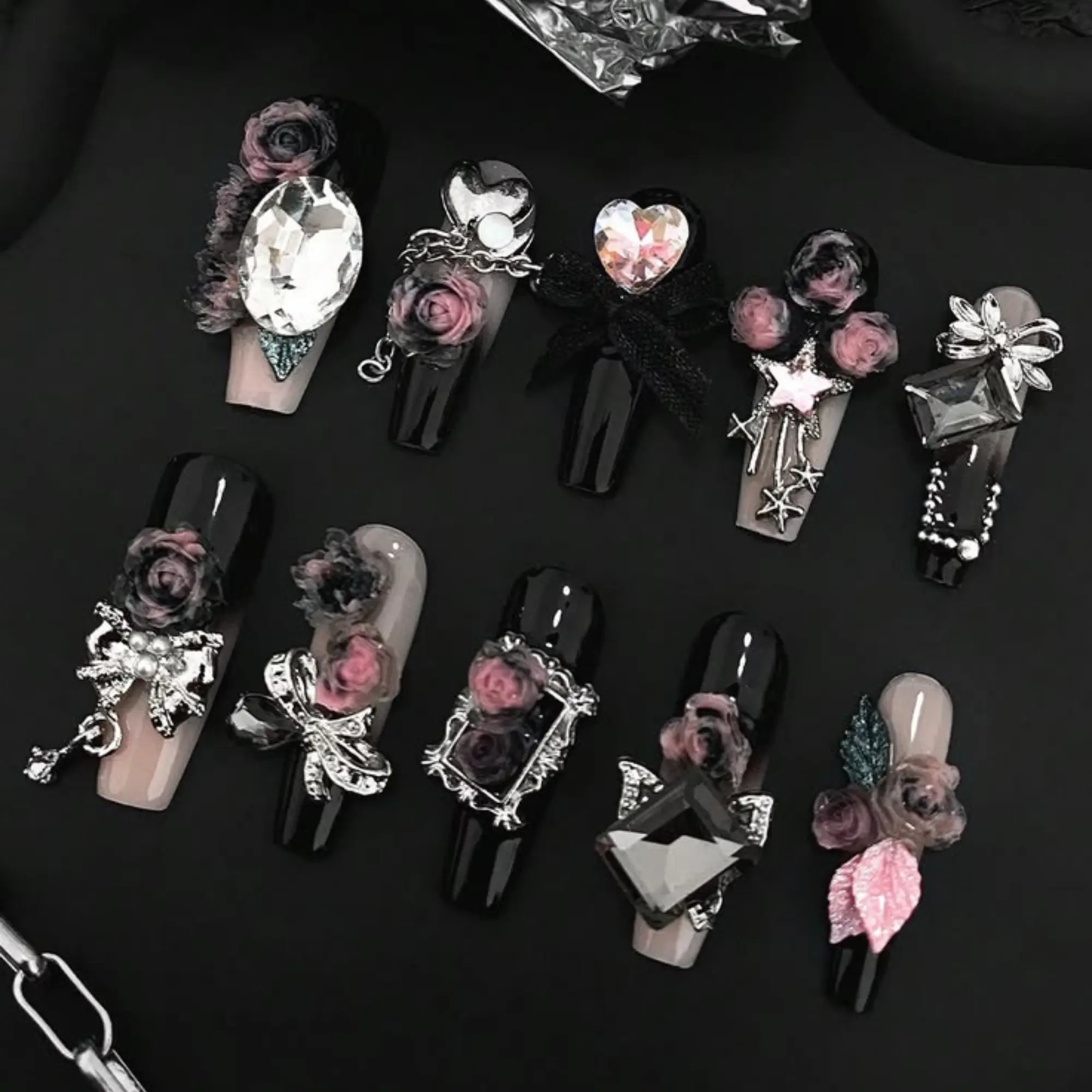 Black Pink Gothic Rose Press On Nails | Silver Cross Bow Chain 3D Nail Art | Handmade Reusable Dark Romantic Nail Set