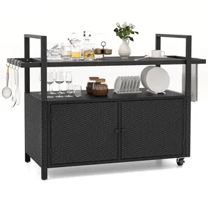 COSTWAY - Outdoor Bar Cart Wicker Buffet Serving Cart with Cabinet and 8 Hooks-Black