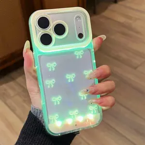 Vibrant LED Clear Aesthetic Ribbon Bowknot Case for iPhone 17 Pro Max/17 Air 17 Pro 16 plus 15 14 13,Transparent Soft Raised Camera Protective Shockproof Cover
