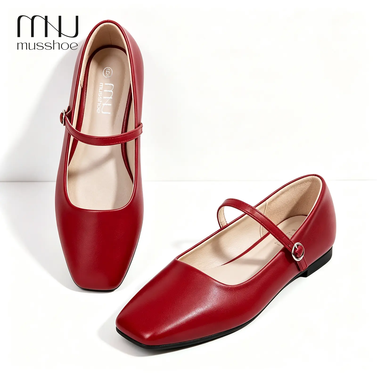 MUSSHOE Women’s Square Toe Mary Jane Ballet Flats - Adjustable Strap Women’s Shoes for Business & Casual Wear (Cherry Red, Nude)