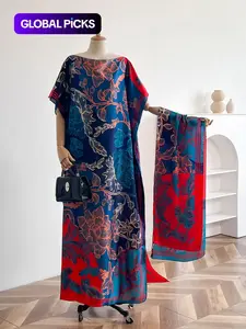 Women's Floral Print Lightweight Long Dress & Scarf Piece Set Outfit, Boho Casual Shawl Dress & Scarf Set for Beach Vacation Holiday, Ladies Clothes for All Seasons