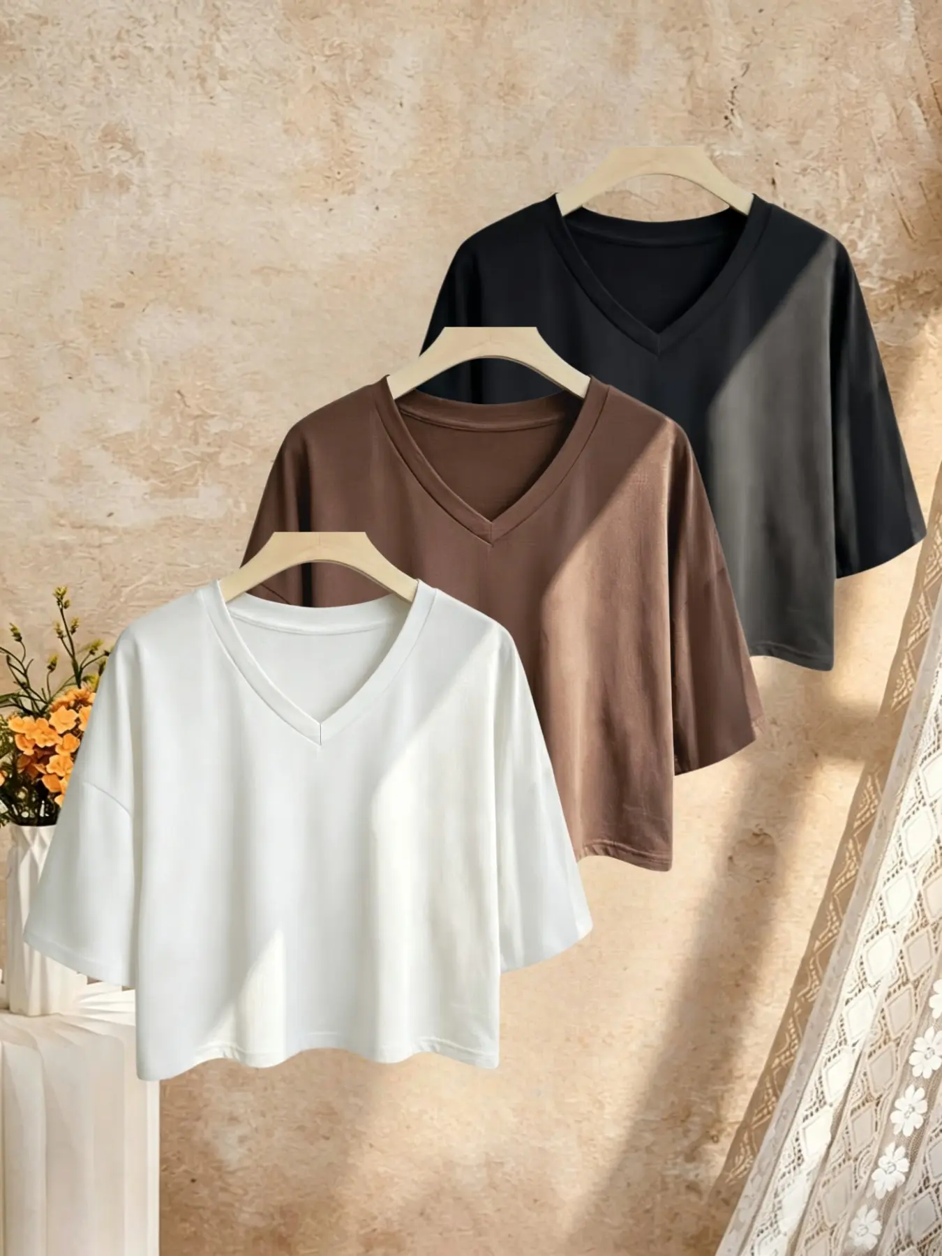 American Casual V-Neck Short Sleeve Summer T-Shirt, Loose Drop Shoulder Slim Fit, Versatile Basic Top, 3-Piece Set, Plain Pattern