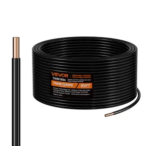 VEVOR 12 AWG Solid THHN Wire,  100% OFC Copper Electrical Building Wire with Nylon Jacket PVC Insulation, Rated for Up to 600 Volts, Heavy-Duty for Residential, Industrial, Commercial, Black (100 Feet)