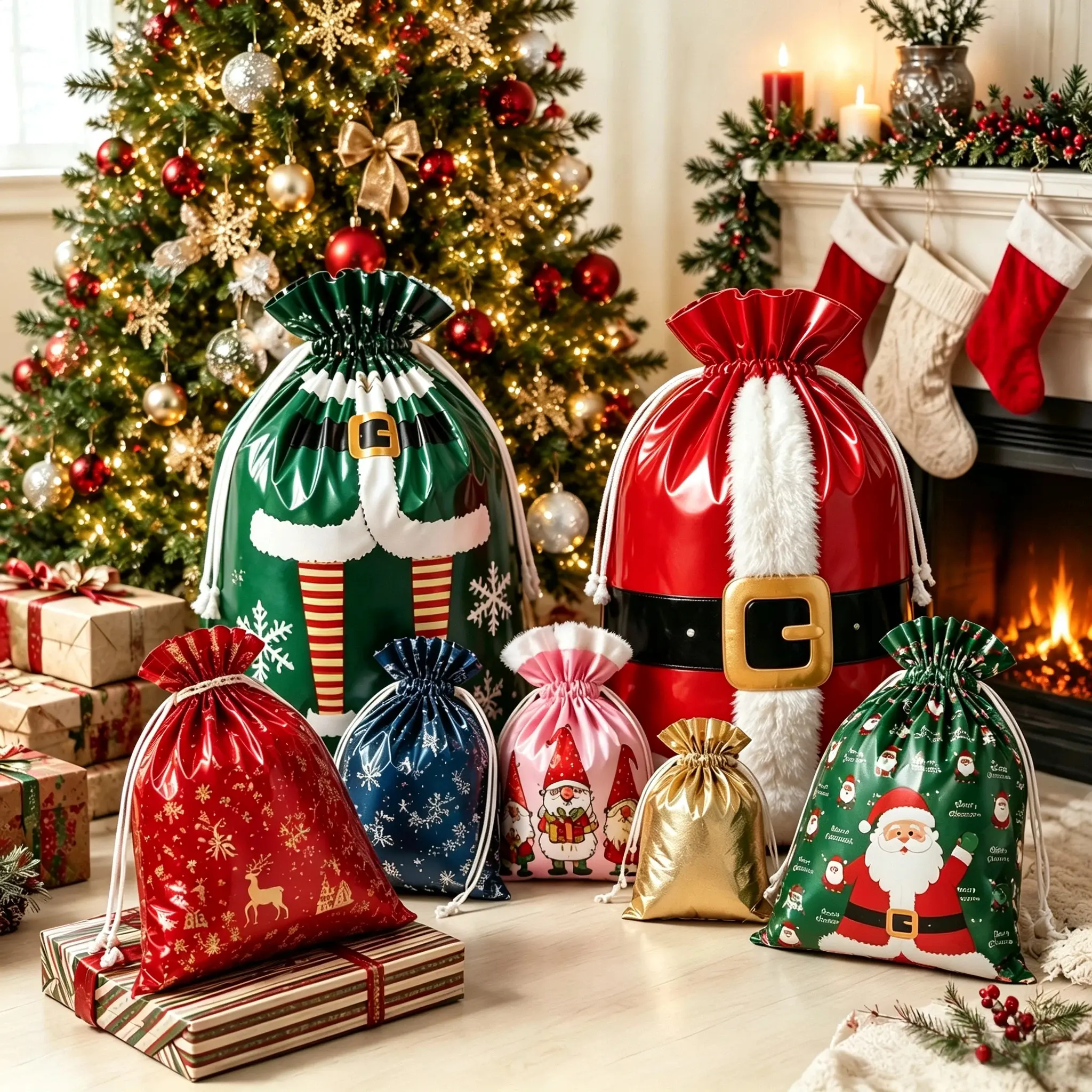 Premium Christmas Party Goodie Sacks with Assorted Art Prints, Flexible Multi-Size Design for Varied Presents, Home Holiday Prep & Large-Scale Events