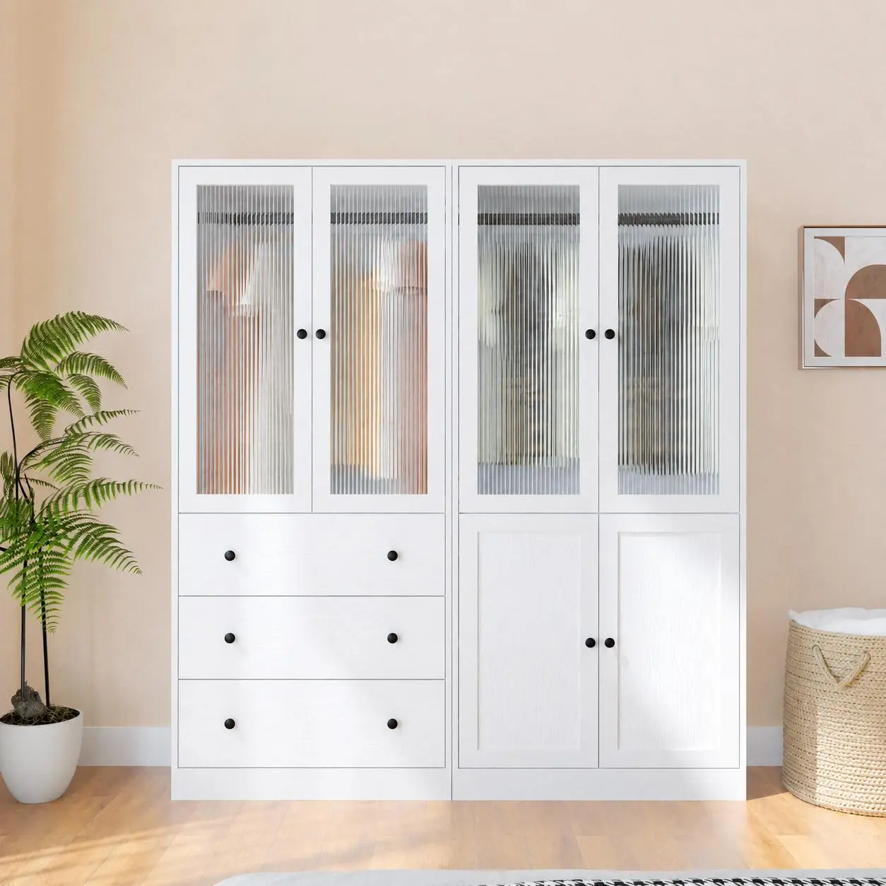 VOWNER Modern White Fluted Glass Wood Armoire Storage Wardrobe - Sturdy, Stable, with 3 Drawers, 2 Regular Doors, Bedroom Clothes Storage Cabinet, Wardrobe Armoire