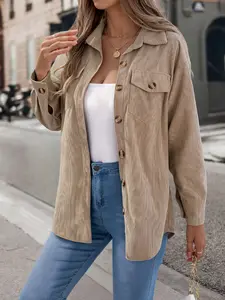 Women's Solid Collared Button Front Corduroy Jacket Coats, Casual Drop Shoulder Long-sleeved Outerwear for Fall & Winter, Ladies Clothes for Daily Wear Womenswear Solid Buttons Jacket