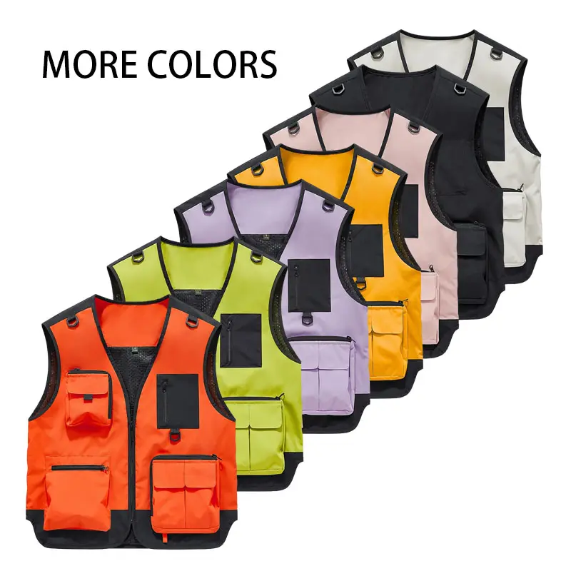 Summer outdoor functional style multi pocket workwear vest, trendy brand contrasting mesh breathable photography fishing vest