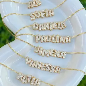 Bubble Nameplate Necklace - 14K Gold Chain with Personalized Name, 18" Adjustable Length, Custom 1-8 Characters, Next Day Shipping, Genuine Gold Coating