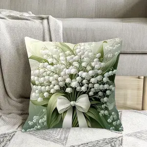 1pc Lily-Of-The-Valley Floral Pillow Cover, 2D Flat Single-Sided Print, Ultra Fresh Butterfly Knot Cushion Case, Living Room Bedroom Decor