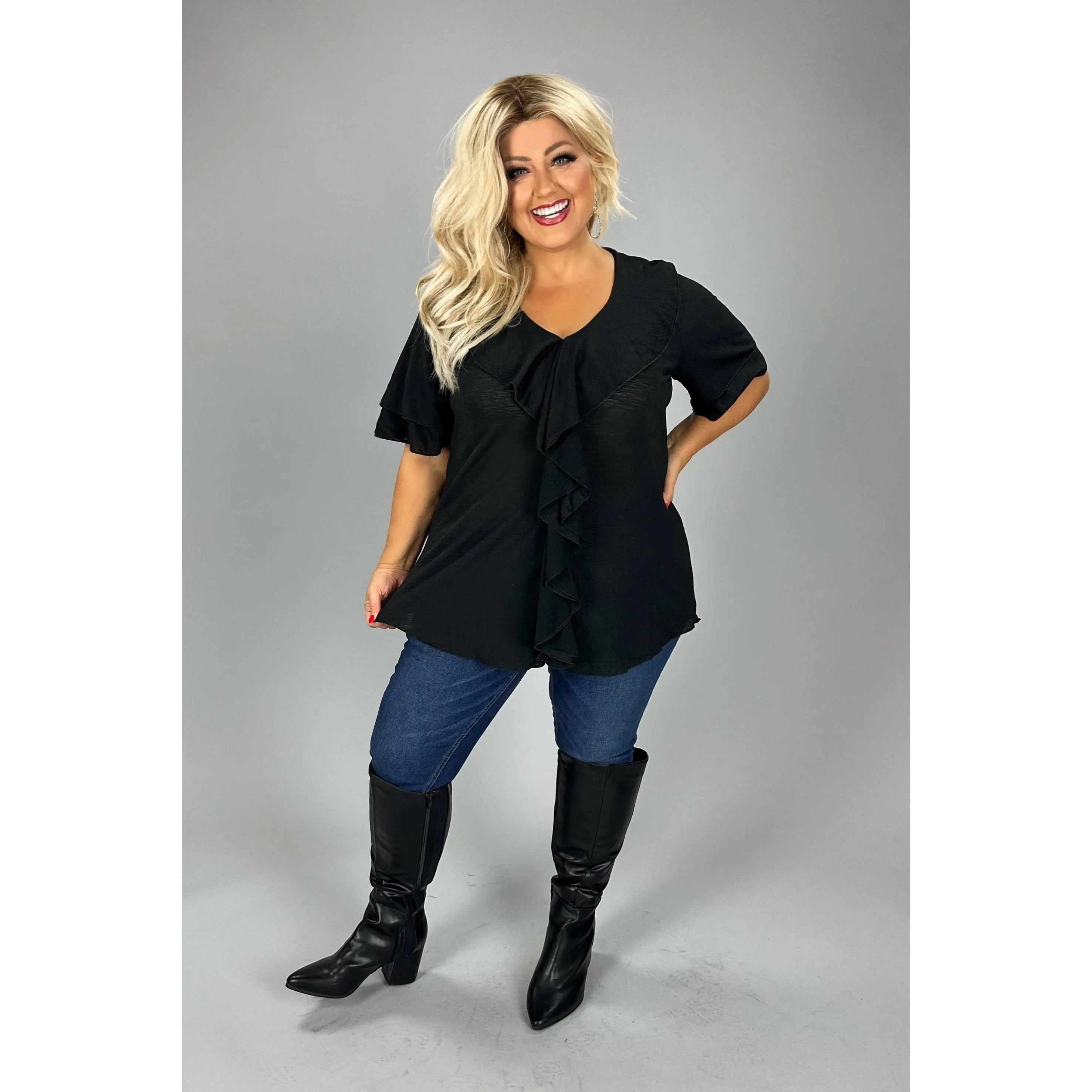 11 SSS {Dark Nights} Black Top W/ Ruffle Detail PLUS SIZE 1X 2X 3X