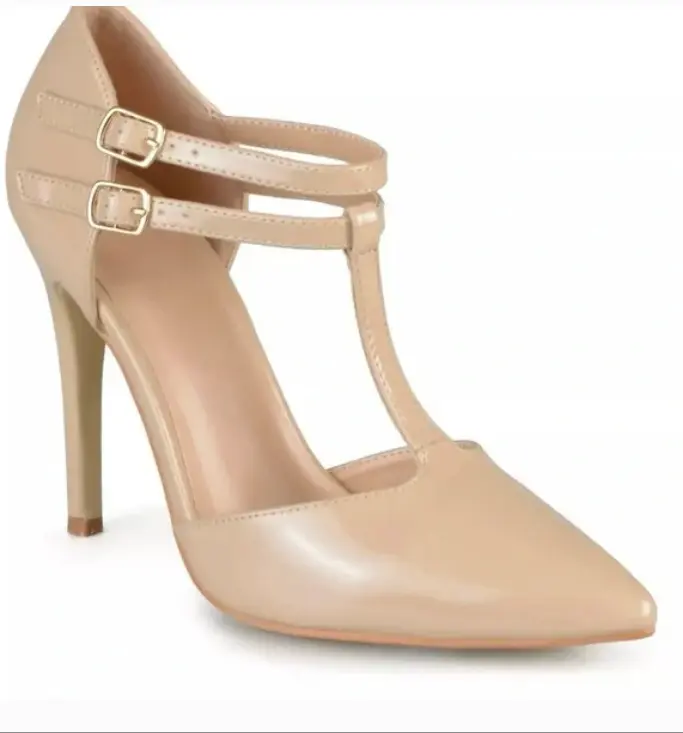journee Collection Tan T-Strap Pointed Toe Heels Size 9