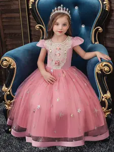 Girl's Contrast Sequin Embroidered Appliques Bow Back Fit & Flare Dress, Elegant Round Neck Tulle Dress for Party Performance Wedding Guest, Kids Clothes for All Seasons