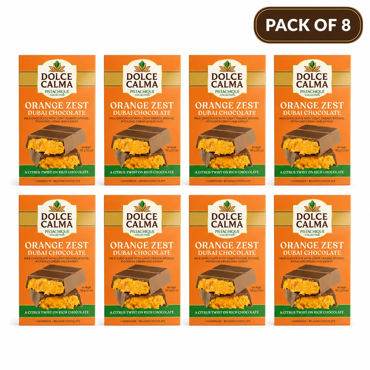 Dolce Calma Orange Dubai Chocolate Bar Ship With Two Ice Gel Packs (100g / 3.5oz) – Authentic Handmade Belgian Chocolate with Turkish Pistachio & Crispy Kataifi, Kunafa Filling, No Palm Oil, Pack of 8