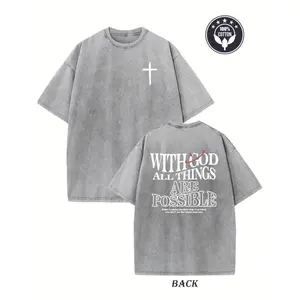 Men's Heavyweight 230gsm Cotton Vintage Washed T-Shirt - Dual-Sided "with God All Things Possible" & Cross Print, Loose Fit Hip Hop Streetwear, Round Neck Short Sleeve Casual Tee for Casual Attire, Ribbed Neckline Shirt Crewneck Knit Fabric Tshirt Knit