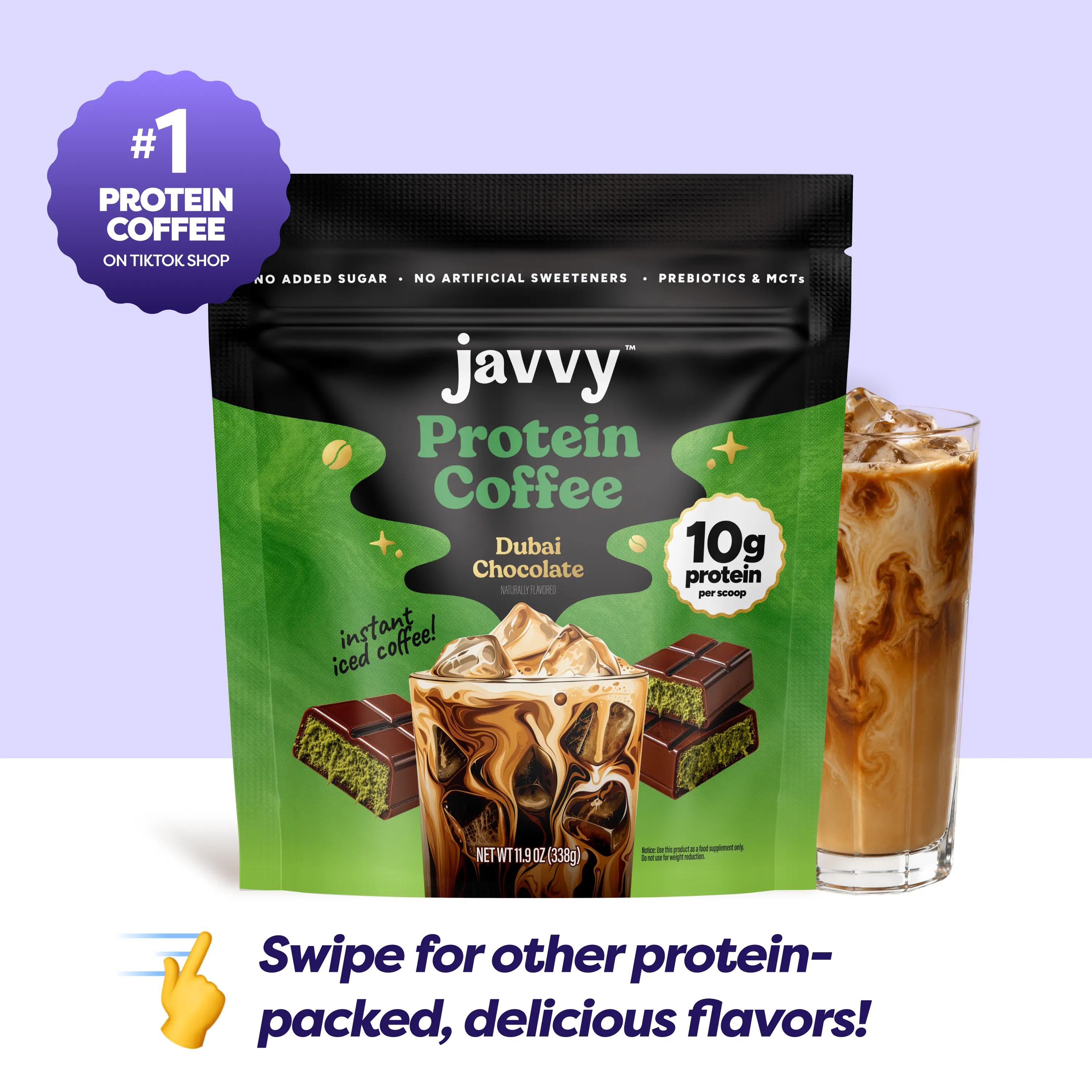 Javvy Dubai Chocolate Protein Iced Coffee - Premium Whey Protein & Instant Iced Coffee - 100% Natural Cold Brew, 80 mg Caffeine, 0 Artificial Flavors & Sweeteners, No Added Sugar, 20 Servings