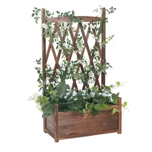 Wooden Raised Plant Bed Garden Patio Elevated Planter Box with Trellis 45.2” Height for Growing Fresh Herbs, Vegetable, Flowers