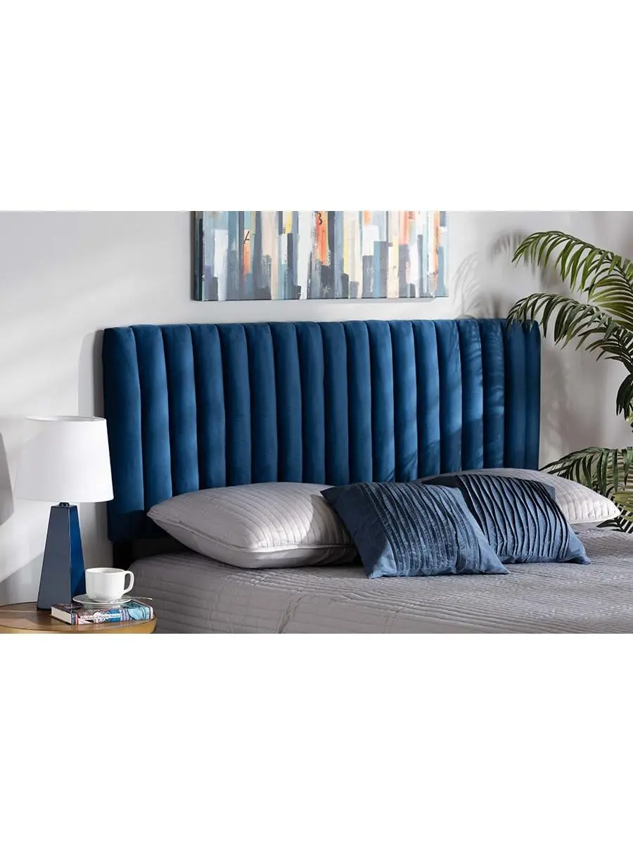 212 MAIN Full-Size Emile Modern & Contemporary Velvet Fabric Headboard, Navy Blue, Dark Brown Wood Frame, Channel Tufted, 45.9x56.9x3.1in, Indoor Use, Blue Velvet Headboards, Brown Headboards