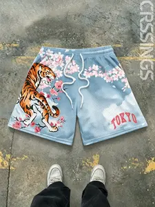 Japanese Style Cherry Blossom Tiger Mesh Gym Shorts, Men's Breathable Basketball Shorts, Fitted Letter Pattern, Made in China