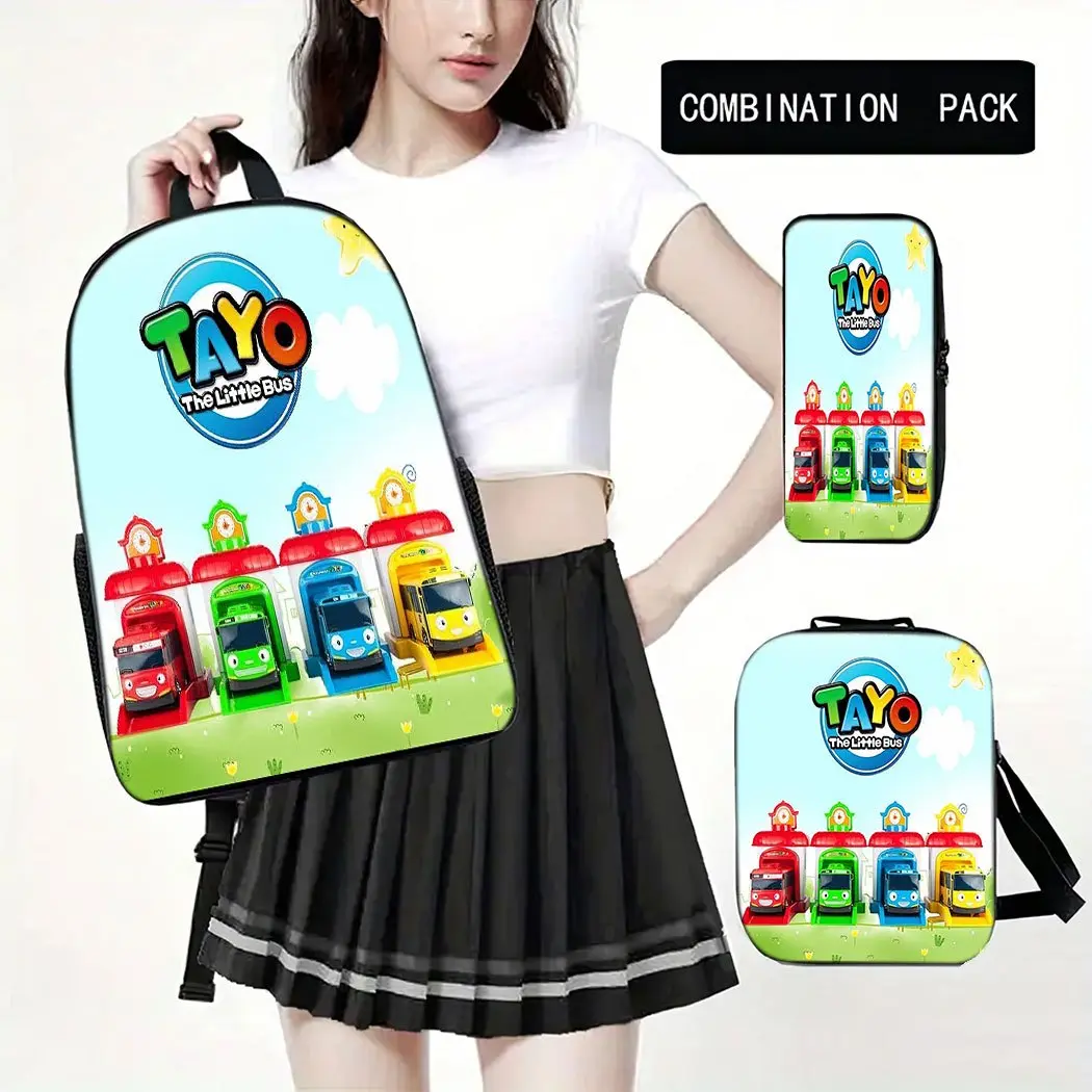 3Pcs Tayo The Little Bus Print Backpack Set Durable 600D Oxford Cloth School Bag Insulated Lunch Box & Pencil Case Combo Adjustable Breathable Strap Large Capacity Fits 15in Laptop for Kids Teens School Travel Outdoor Use