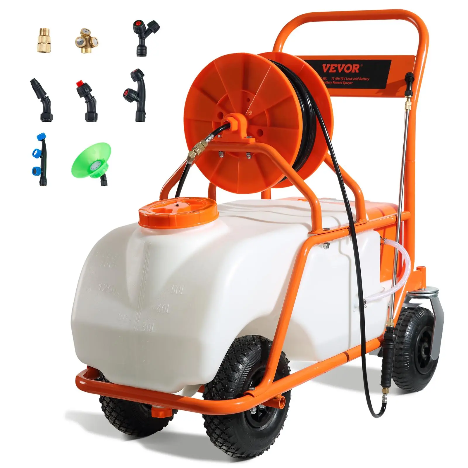 【Summerfinds】VEVOR Battery Powered Lawn Sprayer on Wheel, 0-90 PSI Adjustable Pressure, 15 Gallon Tank, Cart Sprayer with 8 Nozzles and 2 Wands, 12V 12Ah Battery, Wide Mouth Lid for Weeding, Spraying