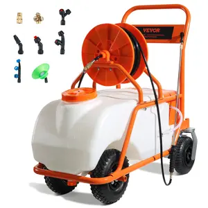 VEVOR Battery Powered Lawn Sprayer on Wheel, 0-90 PSI Adjustable Pressure, 15 Gallon Tank, Cart Sprayer with 8 Nozzles and 2 Wands, 12V 12Ah Battery, Wide Mouth Lid for Weeding, Spraying