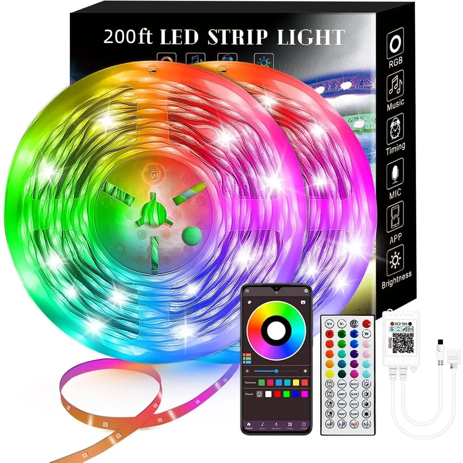 200FT  LED Strip Lights (2 Rolls of 100ft), RGB Strip Lights Sync to  with 40 Key Remote Controller LED Lights for Bedroom,Christmas Lights decration (Multi-Colored, 200FT)